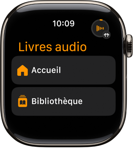 L’app Livres audio présentant les boutons Accueil et Bibliothèque.