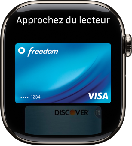 Écran affichant une carte bancaire dans Apple Pay, prêt à être présenté devant un lecteur sans contact.