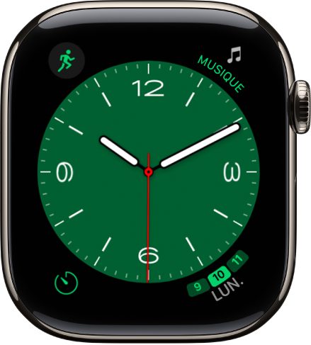 Le cadran Mégalopole. Il est possible de faire tourner la Digital Crown pour modifier l’apparence des chiffres. Le cadran affiche quatre complications : Exercice en haut à gauche, Musique en haut à droite, Minuteur en bas à gauche et la date en bas à droite.