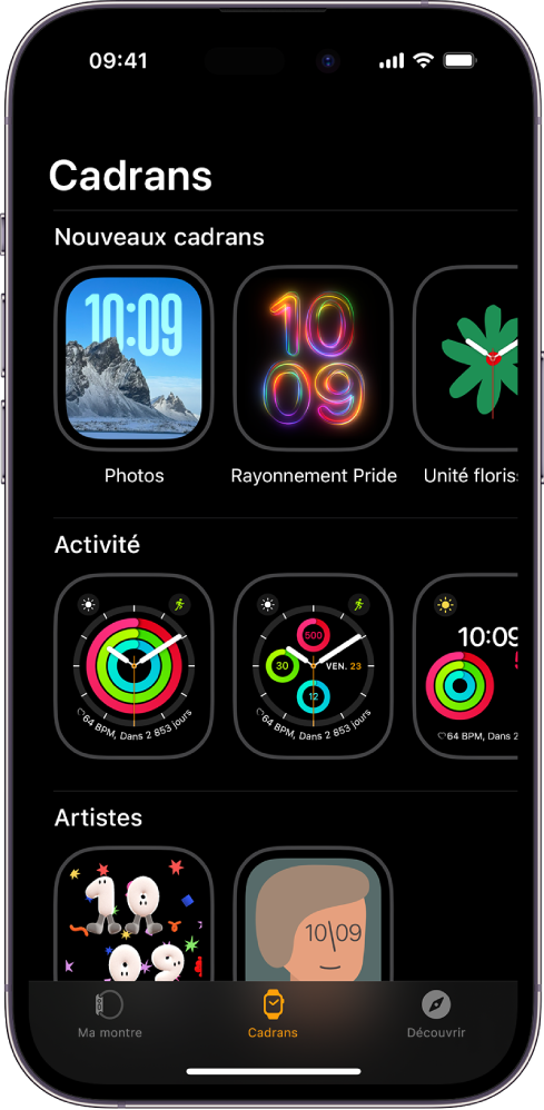 App Apple Watch ouverte sur la galerie de cadrans. Le rang du haut affiche des cadrans nouveaux, les rangs suivants montrent des cadrans regroupés par type, comme Activité et Artistes. Vous pouvez faire défiler l’écran pour voir d’autres cadrans regroupés par type.