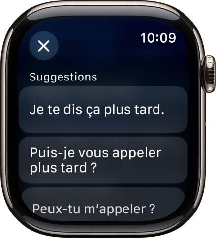 L’app Mail présentant trois réponses intelligentes.