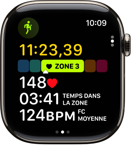 Exercice de course en cours indiquant son temps écoulé, la zone dans laquelle vous vous trouvez, votre fréquence cardiaque, le temps dans la zone et la fréquence cardiaque moyenne.