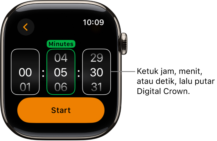 Pengaturan untuk membuat timer khusus, dengan jam di sebelah kiri, menit di sebelah tengah, dan detik di sebelah kanan. Tombol Mulai terdapat di bawah.