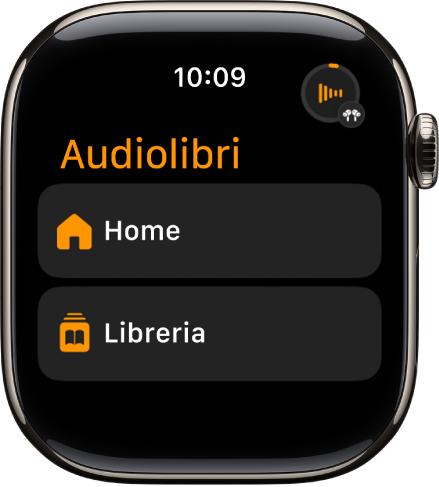 L’app Audiolibri con i pulsanti Home e Libreria.