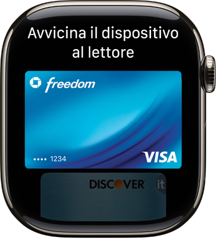 Una schermata con una carta di credito in Apple Pay pronta per essere avvicinata a un lettore contactless.