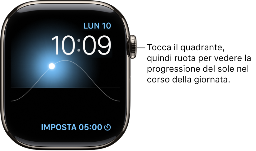 Il quadrante “Grafico solare” visualizza informazioni sul giorno, la data e l’ora attuale che non possono essere modificate. In basso a destra è presente la complicazione Timer. Tocca il quadrante, quindi ruota la Digital Crown per spostare il Sole nel cielo in corrispondenza del crepuscolo, dell’alba, dello zenit, del tramonto o della notte.