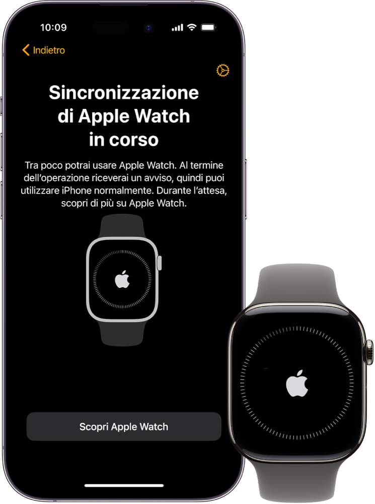 Un iPhone e un Apple Watch che mostrano le loro schermate di sincronizzazione.