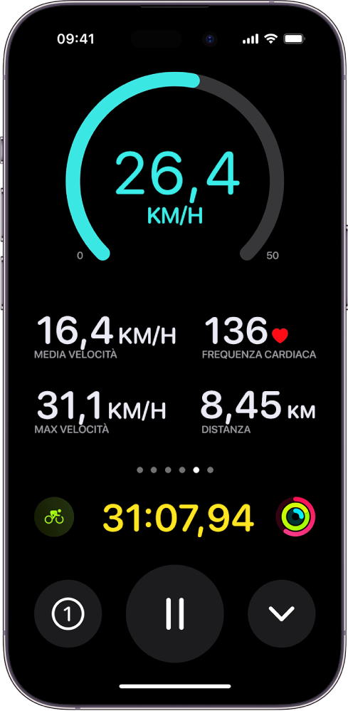 Un allenamento in bici visualizzato come attività in tempo reale su iPhone che mostra la velocità, la velocità media, la frequenza cardiaca, la velocità massima, la distanza percorsa e il tempo totale trascorso.