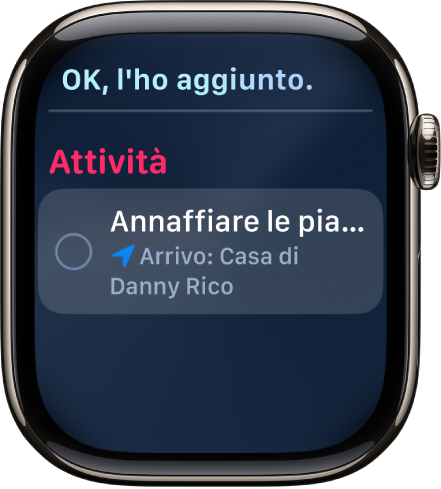 La schermata di Siri dove un promemoria viene aggiunto a un elenco di cose da fare.