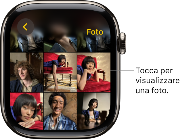 La schermata principale dell’app Foto su Apple Watch, con alcune foto visualizzate in una griglia.