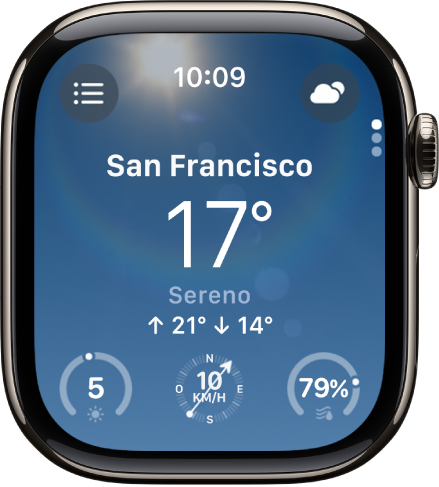 L’app Meteo che mostra una panoramica con le previsioni meteo per la giornata. Il nome della località è visualizzato in basso con la temperatura attuale. In basso sono presenti tre pulsanti: Indice UV, Velocità vento e Precipitazioni. L’elenco di luoghi è in alto a sinistra, mentre in alto a destra è visualizzato il pulsante Condizioni.