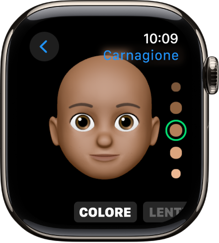 L’app Memoji su Apple Watch che mostra la schermata di modifica delle forme del naso. La parte del viso con il naso è ingrandita. In basso, è presente la parola Colore.