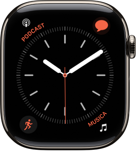 Il quadrante Semplice in cui puoi regolare il colore della lancetta dei secondi, la numerazione e i dettagli del quadrante. Vengono mostrate quattro complicazioni: Podcast, in alto a sinistra, Messaggi, in alto a destra, Allenamento, in basso a sinistra, e Musica, in basso a destra.