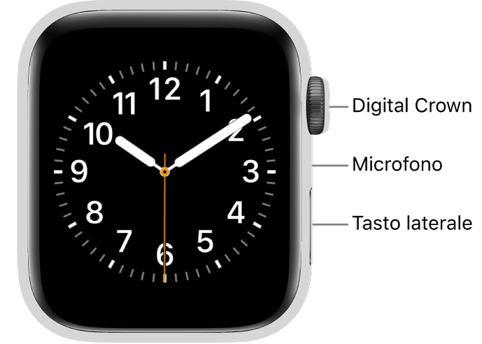 La parte anteriore di Apple Watch Series 6, con lo schermo che mostra il quadrante, e la Digital Crown, il microfono e il pulsante laterale dall’alto verso il basso del lato dell’orologio.