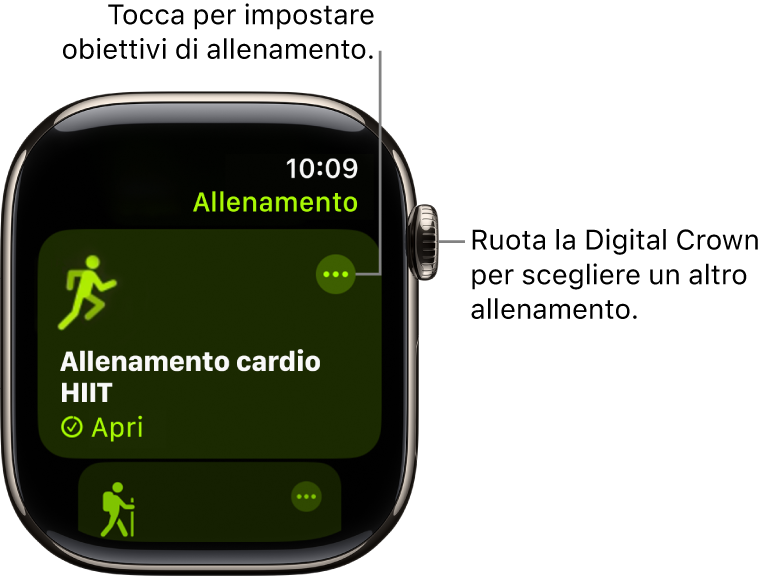 La schermata di Allenamento con un allenamento HIIT in evidenza. In alto a destra del nome dell’allenamento è presente il pulsante Altro.