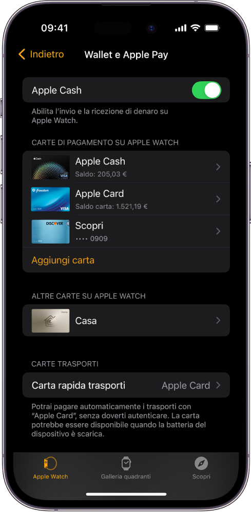 Una schermata di iPhone con le impostazioni di “Wallet e Apple Pay” nell’app Watch.