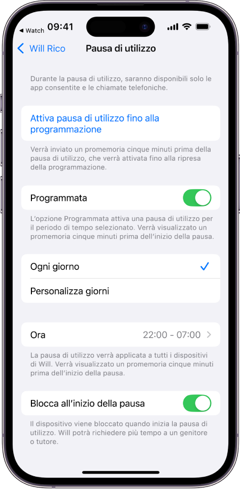 iPhone che mostra la schermata di configurazione di “Pausa di utilizzo”. Vicino alla parte superiore, è presente un interruttore Programmato. Le opzioni “Ogni giorno” e “Personalizza giorni” appaiono di seguito, l’opzione “Ogni giorno” è selezionata. Gli orari di inizio e fine sono visibili al centro, mentre il pulsante “Blocca nella pausa di utilizzo” si trova nella parte inferiore dello schermo.