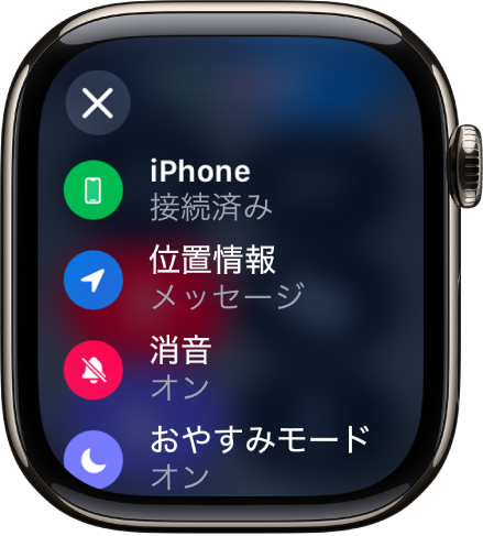 ステータスの詳細に、iPhoneとの接続、「メッセージ」による位置情報の使用、消音モードがオンであること、おやすみモードがオンであることが示されています。