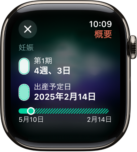 周期記録アプリの画面。妊娠の概要が表示され、画面中央に妊娠期間と出産予定日が表示されています。
