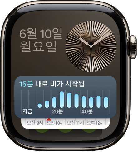 실시간 현황 및 위젯이 표시된 Apple Watch의 스마트 스택.