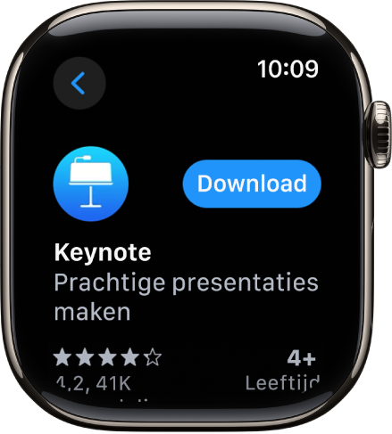 Een scherm van de App Store waarop de productpagina van een app wordt weergegeven, met een korte beschrijving van de app en rechts de knop 'Download'.