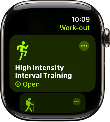 Het Work-out-scherm, met de High Intensity Interval Training-work‑out geselecteerd. Rechtsboven in de work-outtegel staat de knop 'Meer'.