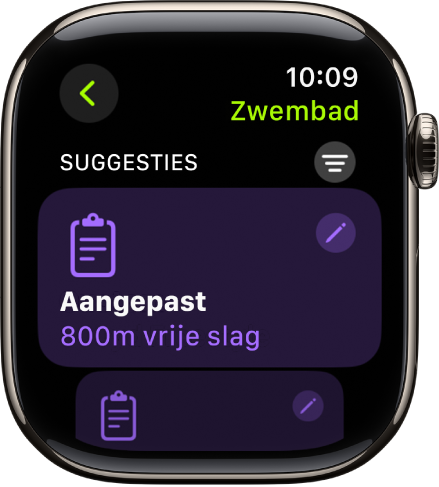 Een scherm in de Work-out-app met instellingen voor een aangepaste zwembadwork‑out.