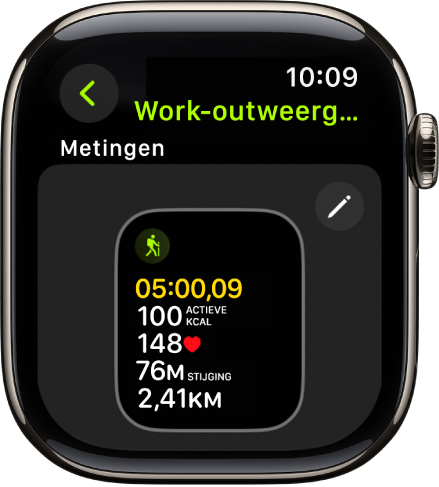 Het scherm 'Work‑outweergaven', met de work-outweergave 'Metingen' voor een wandeltochtwork‑out.