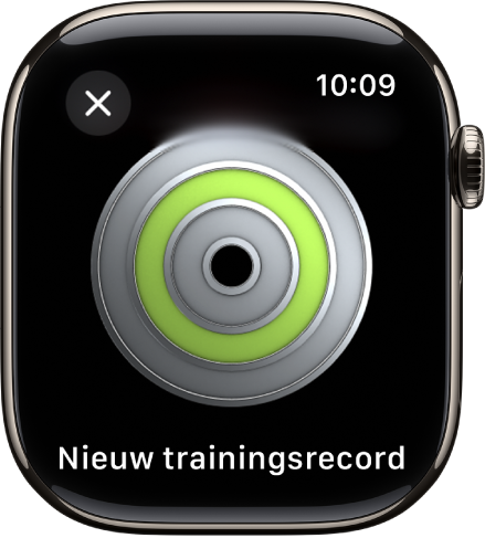 Er wordt een medaille voor een prestatie weergegeven op de Apple Watch. Onder de medaille staat een beschrijving van de medaille. Je kunt slepen om de medaille te roteren.