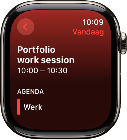 Een Agenda-scherm waarin een nieuwe activiteit wordt weergegeven. De naam van de activiteit wordt bovenin weergegeven en onderin staat de tijd van de activiteit. Rechtsbovenin staat de datum van de activiteit. Onder 'Agenda' staat de naam van de agenda waaronder de activiteit valt.