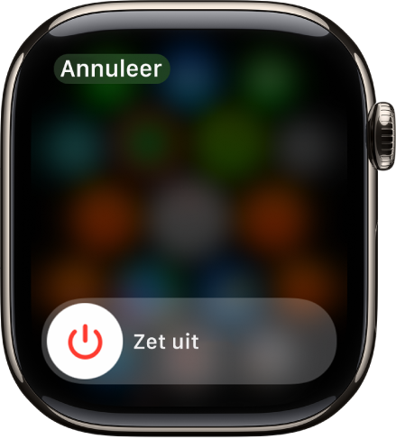 Het Apple Watch-scherm met de schuifknop 'Zet uit'. Sleep de schuifknop om de Apple Watch uit te schakelen.