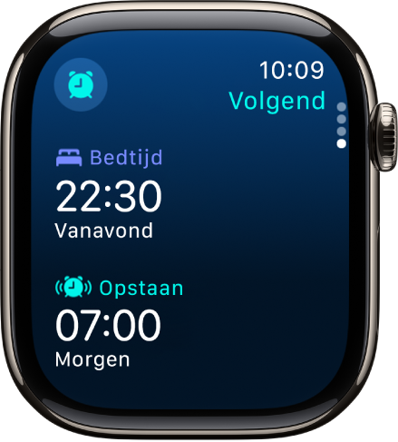 De Slaap-app op de Apple Watch met het slaapschema van deze avond. Bovenaan staat de bedtijd en daaronder de tijd voor het opstaan.