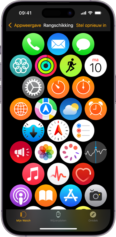 Het scherm 'Rangschikking' in de Apple Watch-app toont een raster met apps.