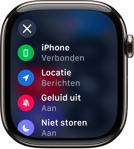 De statusinformatie geeft aan dat de iPhone is verbonden, dat de locatie wordt gebruikt door Berichten, dat de stille modus is ingeschakeld en dat 'Niet storen' is ingeschakeld.