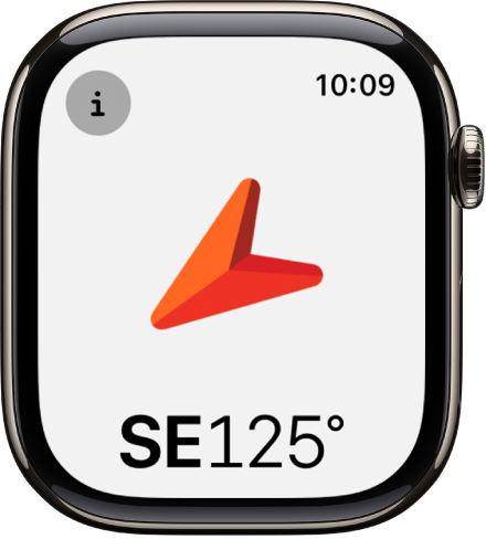 Kompass-appen som viser en stor pil som peker mot retningen som vises under. Info-knappen vises øverst til venstre.