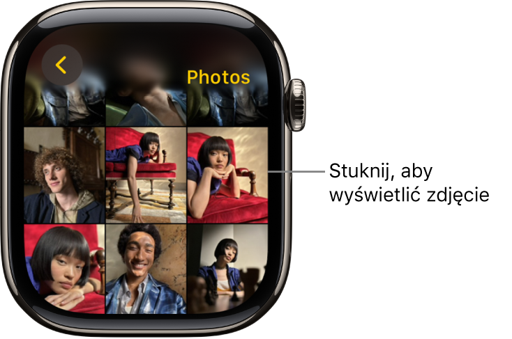 Główny ekran aplikacji Zdjęcia na Apple Watch, przedstawiający kilka zdjęć wyświetlonych w postaci siatki.