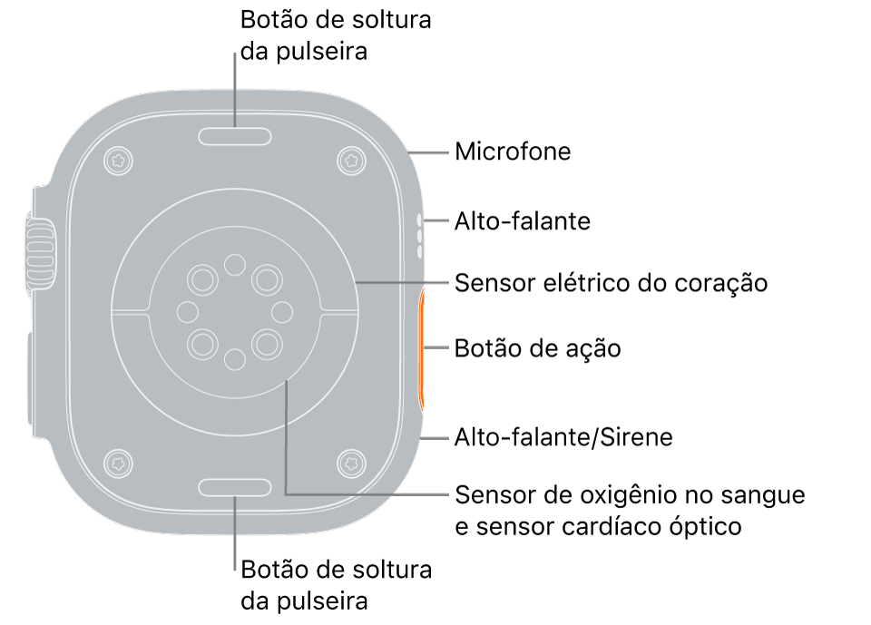 A parte traseira do Apple Watch Ultra, com os botões para soltar a pulseira nas parte superior e inferior. Na lateral, chamadas que indicam o microfone, o alto‑falante, o sensor elétrico cardíaco, o botão de Ação, a porta do alto‑falante que emite o som da sirene, os sensores de oxigênio no sangue e os sensores ópticos cardíacos.