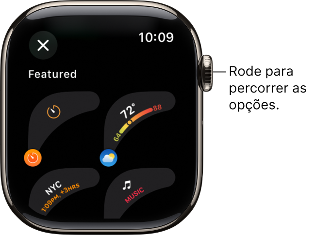 O ecrã de personalização de um mostrador com as complicações em destaque. Rode a Digital Crown para explorar complicações.