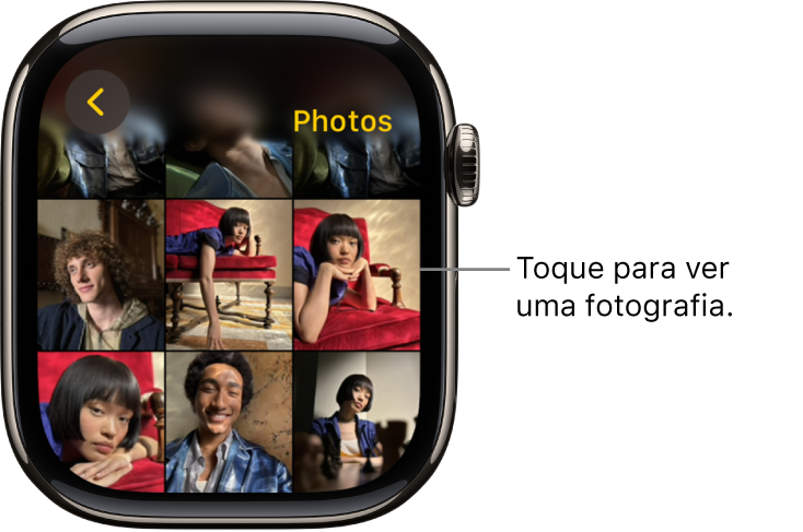 O ecrã principal da aplicação Fotografias no Apple Watch com várias fotografias apresentadas numa grelha.