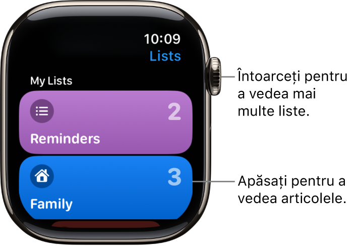Ecranul Liste al aplicației Mementouri prezentând două butoane pentru liste: Familie și Acasă. Numerele din dreapta arată câte mementouri se află în fiecare listă. Apăsați pe o listă pentru a vizualiza articolele de pe ea sau întoarceți coroana Digital Crown pentru a vedea mai multe liste.