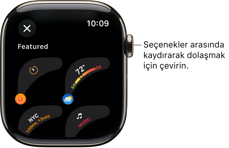 Saat kadranı için öne çıkan komplikasyonları gösteren özelleştirme ekranı. Komplikasyonlara göz atmak için Digital Crown’u çevirin.