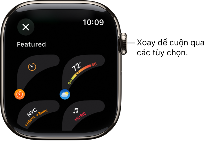 Màn hình tùy chỉnh cho mặt đồng hồ đang hiển thị các tổ hợp nổi bật. Xoay Digital Crown để duyệt các tổ hợp.
