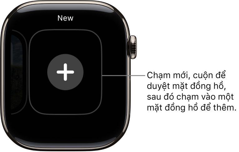 Màn hình mặt đồng hồ mới, với nút cộng ở giữa. Chạm để thêm mặt đồng hồ mới.