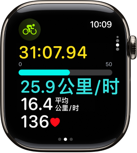 正在进行的单车训练显示体能训练已进行的累计时间、速度、平均速度和心率。
