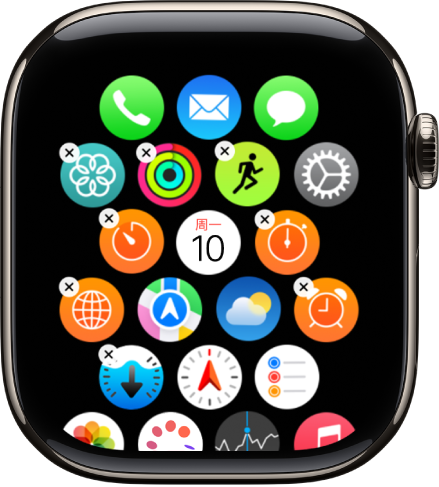 Apple Watch App 中的“排列”屏幕，按网格显示图标。