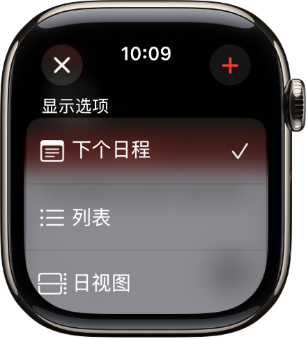 “日历”屏幕显示了“显示选项”：“下个日程”、“列表”和“日视图”。右上方为“添加”按钮。