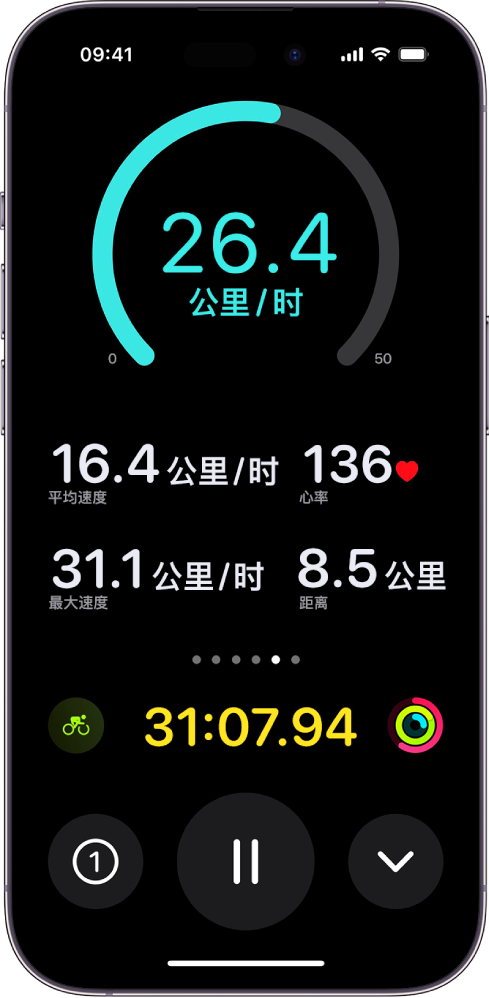 正在进行的单车训练在 iPhone 上显示为“实时活动”，并且显示了体能训练的速度、平均速度、心率、最大速度、行进距离和总累计时间。