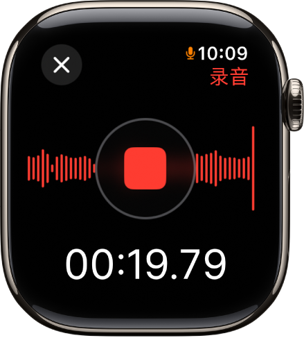 “语音备忘录” App 正在录制备忘事项。红色的“停止”按钮位于中间。下方是录音的累计时间。“录音”字样显示在右上方。