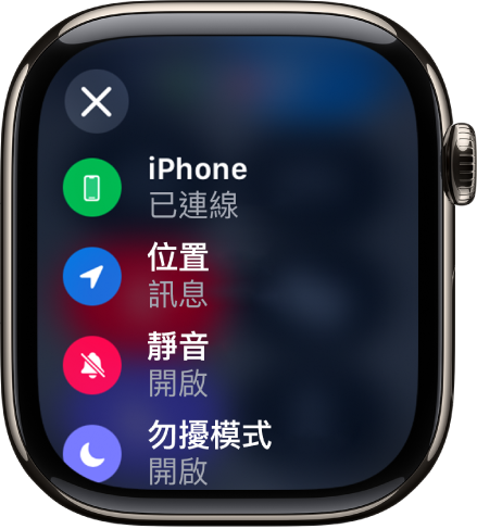 狀態詳細資訊顯示已連接 iPhone、「訊息」正在使用位置、已開啟「靜音模式」和已開啟「勿擾模式」。