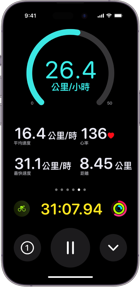 正在進行的自行車體能訓練會在 iPhone 上以即時活動的形式顯示，並會顯示體能訓練的速度、平均速度、心率、最大速度、前進距離和總經過時間。